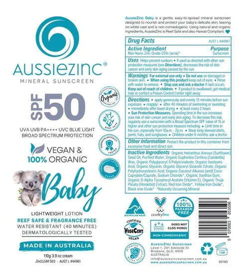 Aussiezinc Mineral Sunscreen SPF50 Baby 포장
