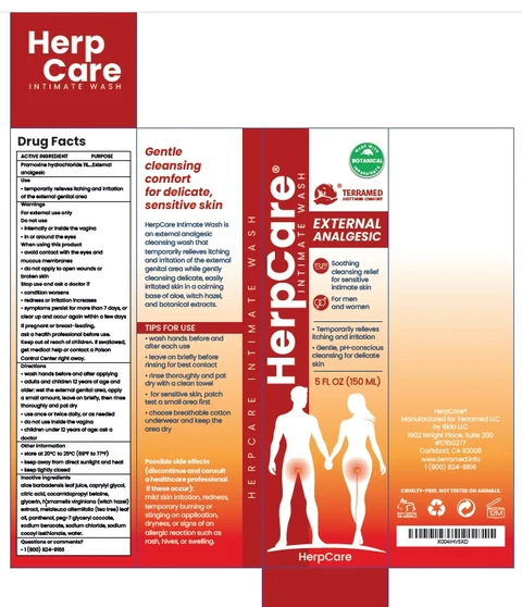 Terramed Just Think Comfort HerpCare Intimate Wash EXTERNAL ANALGESIC FOR THE TEMPORARY RELIEF OF ITCHING AND IRRITATION packaging