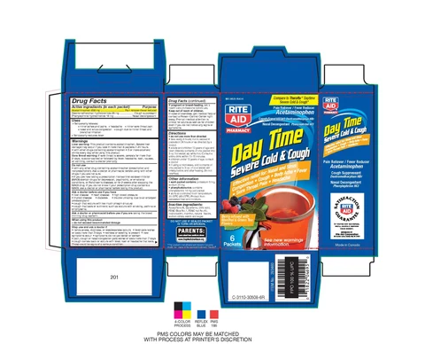 Rite Aid day time severe cold and cough berry infused with menthol and green tea flavors packaging