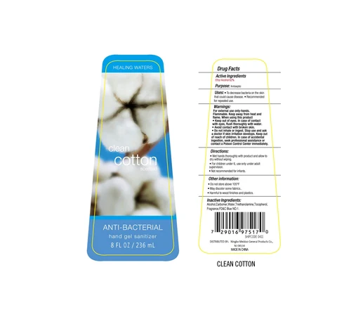 Healing Waters Clean Cotton Scented Anti-Bacterial Hand Sanitizer packaging