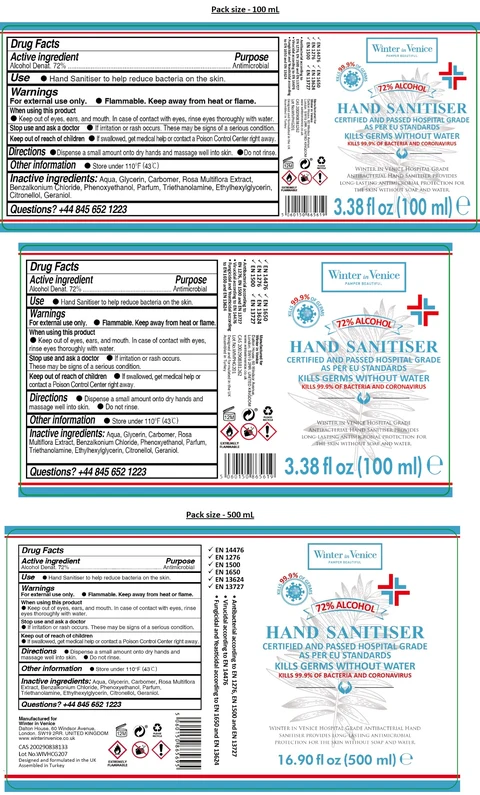 Winter in Venice Hospital Grade Hand Sanitizer packaging