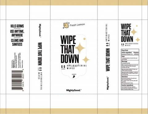 WIPE THAT DOWN 60PCS ANTIBACTERIAL WIPES packaging
