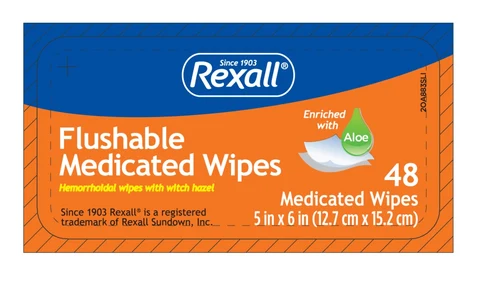 Rexall Medicated WipesHemorrhoidal wipeHemorrhoidal wipes with witch hazel packaging