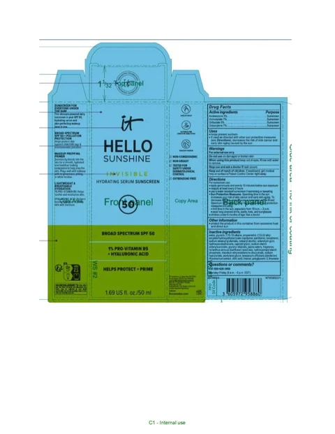 IT COSMETICS HELLO SUNSHINE INVISIBLE HYDRATING SERUM BROAD SPECTRUM SPF 50 SUNSCREEN packaging