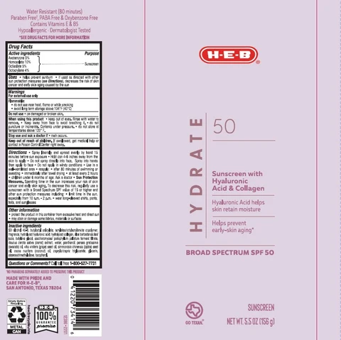 HEB SPF 50 Hydrate 50 Sunscreen with Hyaluronic Acid and Collagen Continuous Sunscreen 포장