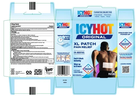 ICY HOT® ORIGINAL XL PATCH PAIN RELIEF 5% MENTHOL Feel it Work Instantly Wear for up to 8 Hours 5-1/2” x 9-3/4” (14 CM x 25 CM) EACH 3 PATCHES