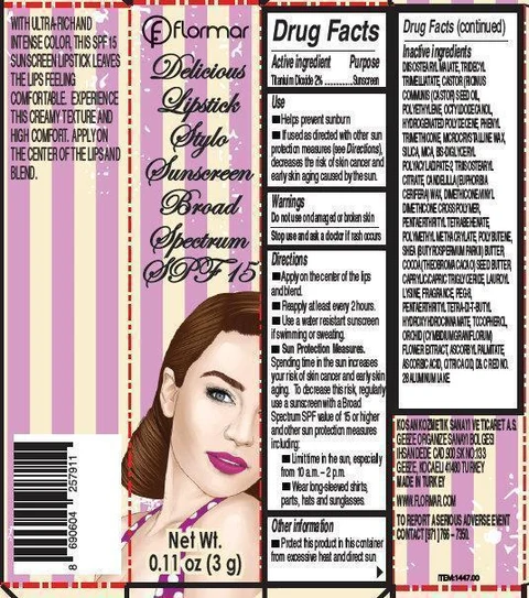 flormar Delicious Lipstick Stylo Sunscreen Broad Spectrum SPF 15 DS03 Doll Photomontage packaging
