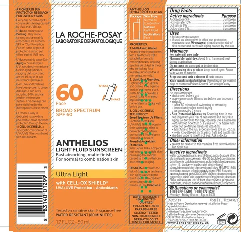 La Roche Posay Laboratoire Dermatologique Anthelios 60 Face Light Fluid Sunscreen Broad Spectrum SPF 60 Water Resistant 80 Minutes packaging