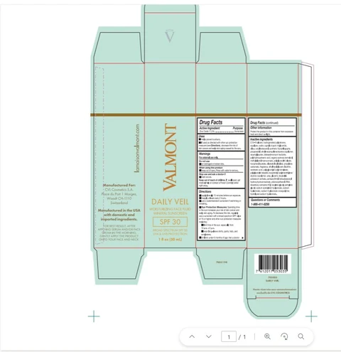 Valmont Daily Veil. Moisturizing Face Fluid Mineral Sunscreen 포장