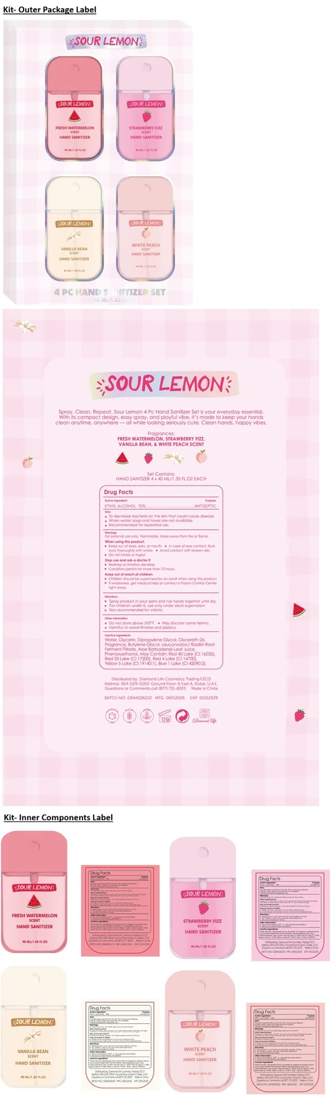 SOUR LEMON 4 PC HAND SANITIZER SET - FRESH WATERMELON, STRAWBERRY FIZZ, VANILLA BEAN AND WHITE PEACH SCENT 포장