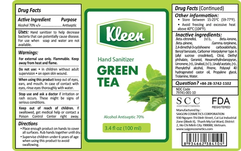 Kleen Hand Sanitizer Green Tea 100ml Label