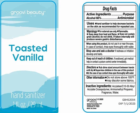 groovi beauty Toasted Vanilla Hand Sanitizer packaging