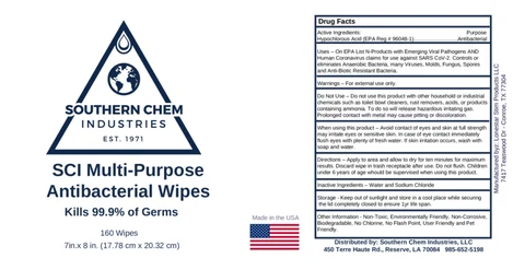 SCI Multi-Purpose Antibacterial Wipes 포장
