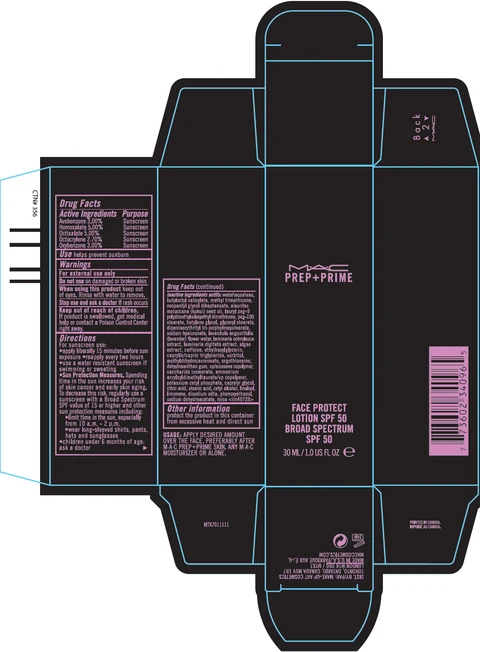MAC PREP AND PRIME FACE PROTECT BROAD SPECTRUM SPF 50 packaging