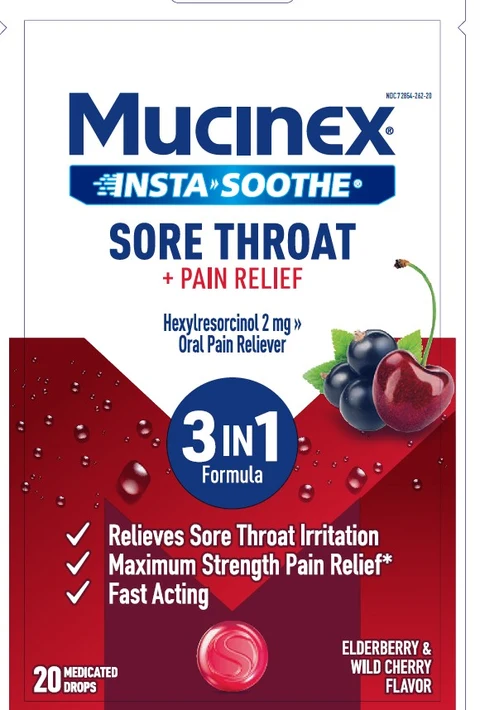 MUCINEX INSTASOOTHESORE THROAT PLUS PAIN RELIEF packaging
