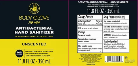 Body Glove For Men Antibacterial Hand Sanitizer Unscented 포장
