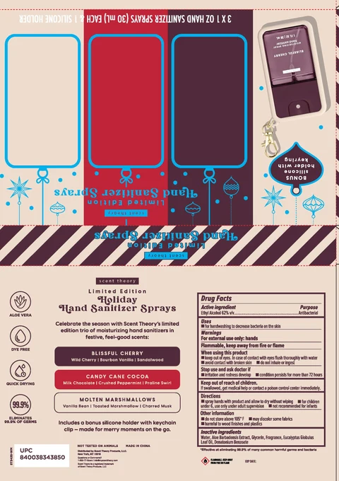 Scent Theory Hand Sanitizer Sprays(Blissful Cherry, Candy Cane Cocoa, Molten Marshmallows) 포장