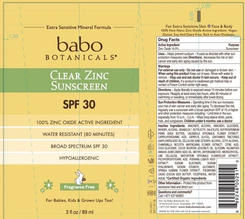 Babo SPF 30 Clear Zinc Fragrance Free 포장