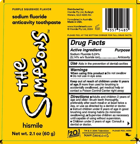 The Simpsons Purple Squishee Flavor Sodium Fluoride Anticavity Toothpast packaging