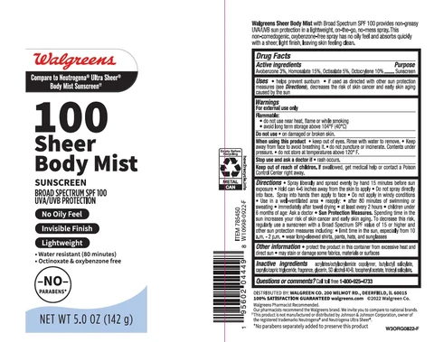WALGREENS SPF 100 SHEER BODY SUNSCREEN MIST 포장