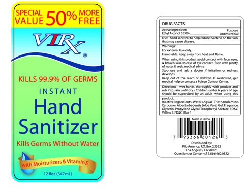 Virx Instant Hand Sanitizer with moisturizers and Vitamin E 포장