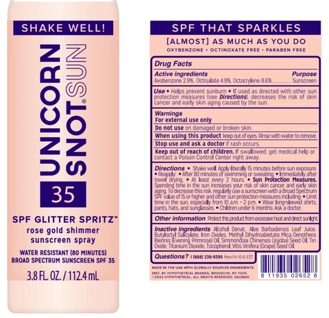 Unicorn Snot 35 SPF Glitter Spritzrose gold shimmer / Unicorn Snot 35 SPF Glitter Spritzplatinum shimmer 포장