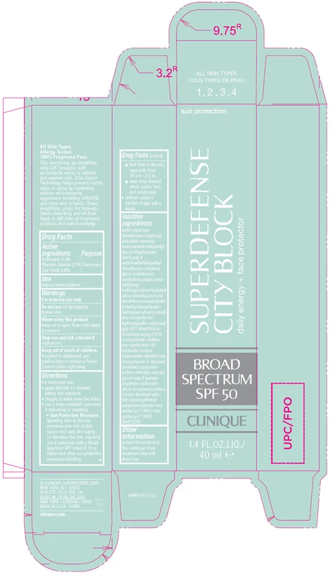 CLINIQUE SUPER DEFENSE CITY BLOCK DAILY ENERGY PLUS FACE PROTECTOR BROAD SPECTRUM SPF 50 packaging