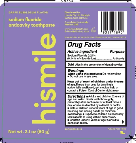 Hismile Grape Bubblegum Flavor Sodium Fluoride Anticavity Toothpast 포장