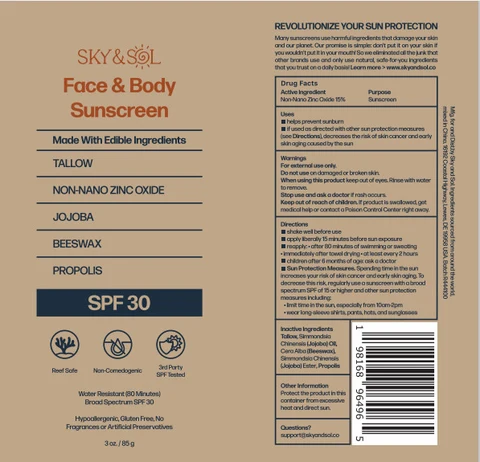 Sky and Sol Sunscreen SPF30 packaging