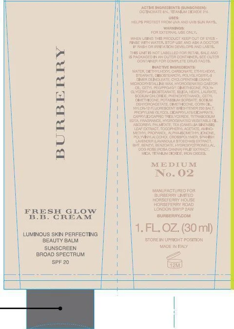 BURBERRY FRESH GLOW B.B. LUMINOUS SKIN PERFECTING BEAUTY BALM SUNSCREEN BROAD SPECTRUM SPF 20 MEDIUM 02 포장