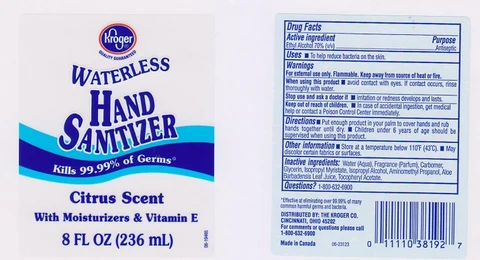 KrogerWaterless Hand Sanitizer Citrus Scent packaging
