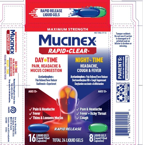 MUCINEX Rapid Clear Pain, Headache and Mucus Congestion and Nighttime Liquid Gels packaging
