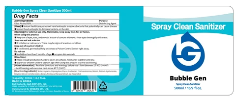 Bubble Gen SprayClean Sanitizer 500ml packaging