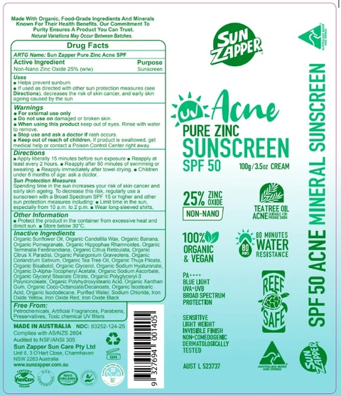 Sun Zapper - Acne Pure Zinc Sunscreen SPF50 포장