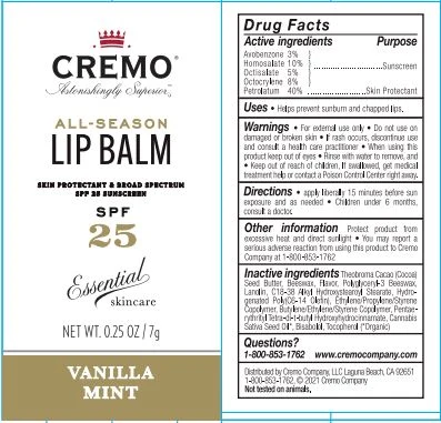 Cremo All-Season Lip Balm SPF 25 Vanilla Mint 포장