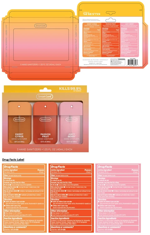 Smart Care 3 HAND SANITIZERS 1.35 FL OZ (JUICY BERRY, PASSION FRUIT, SWEET CITRUS) 포장