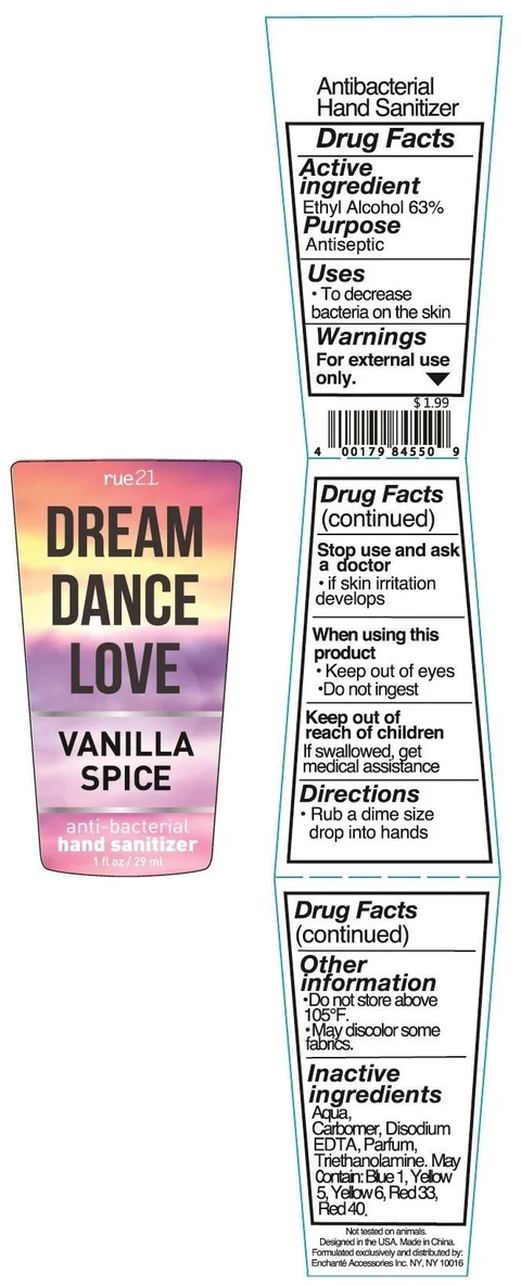 RUE 21 Dream Dance Love Vanilla Spice Anti Bacterial Hand Sanitizer 포장