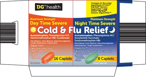 dg health day time severe cold and flu relief night time severe cold and flu relief packaging