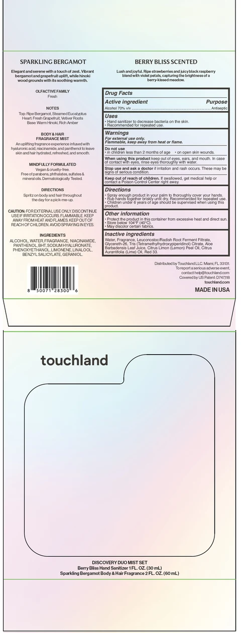 Touchland Discovery Duo Mist Set Berry Bliss Scented Hand Sanitizer and Sparkling Bergamot Body and Hair Fragrance 포장