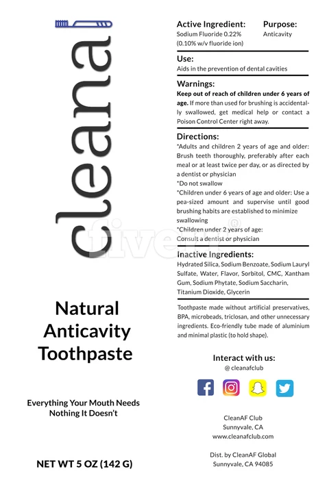 CleanAFNaturalAnticavityToothpaste 포장