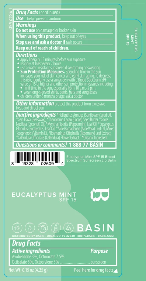 Basin Eucalyptus Mint SPF 15 Broad Spectrum Sunscreen Lip Balm 포장