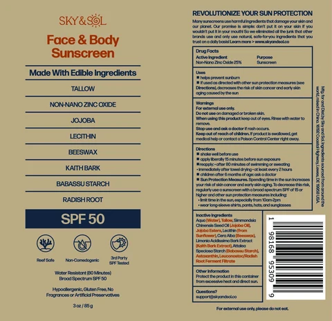 Sky and Sol Face and Body Sunscreen SPF 50 packaging