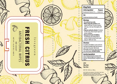 livegreen FRESH CITRUS ANTIBACTERIAL WIPES 포장