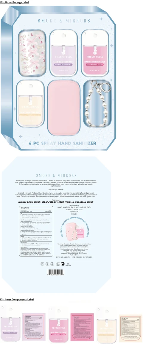 SMOKE AND MIRRORS 6 PC HAND SANITIZER GUMMY BEAR, STRAWBERRY AND VANILLA FROSTING SCENT 포장