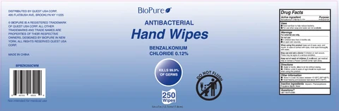 BioPure Antibacterial Hand Wipes Benzalkonium Chloride 0.12% - 250 Wipes 포장