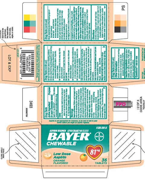 Bayer Aspirin Regimen ChewableLow Dose Aspirin Orange 포장