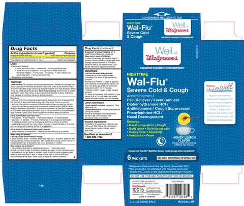 Walgreens night time wal-flu severe cold and coughhoney lemon flavor infused with chamomile and white tea flavors packaging