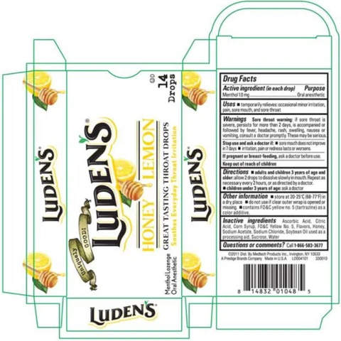 LUDEN’S HONEY LEMON Menthol lozenge Oral Anesthetic 14 Drops