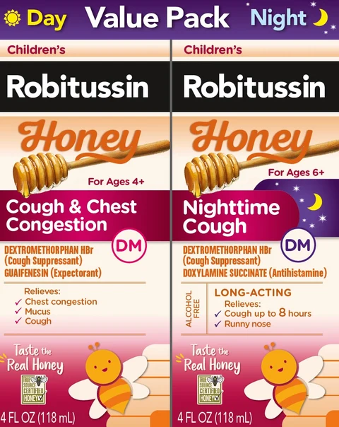 Robitussin Childrens Honey Day Night DM Value Pack packaging