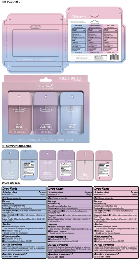 Smart Care 3 HAND SANITIZERS 1.35 FL OZ (FRESH RAIN, CALMING LAVENDER, WILD ROSE) 포장